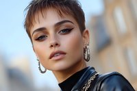 Young Caucasian woman with short pixie haircut, dramatic makeup and silver hoop earrings wearing black leather jacket against blurred urban background. Fashion portrait.