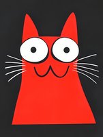 Red cartoon cat with big white eyes and whiskers on dark background, simple geometric shapes for children illustration and design projects.