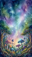 Enchanted forest scene with glowing mushrooms, magical trees, and cosmic starlight creating a mystical woodland atmosphere with vibrant purple, blue, and green hues. Perfect for fantasy art, book covers, and spiritual designs.