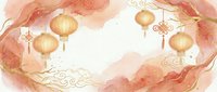 Elegant Asian-inspired frame with golden lanterns, flowing watercolor florals in coral and rose tones, and ornamental swirls on isolated white background for design projects.