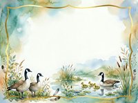 Watercolor geese swimming in pond surrounded by cattails and marsh plants, isolated on white background for design, invitations, and craft projects.