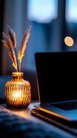 Cozy evening workspace with illuminated amber glass vase holding pampas grass, laptop silhouette and pencil on desk against blue twilight atmosphere.