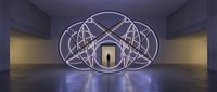 Silhouette of person standing in futuristic neon globe structure in empty warehouse space, representing innovation, technology, and future vision for corporate and creative projects.