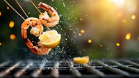 Fresh prawns and lemon slices falling onto dark surface with water splashes and golden bokeh lights creating dynamic culinary composition in dark setting.