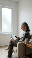 Mature woman with gray hair using tablet computer while sitting in comfortable chair by window with coffee cup in bright modern living room interior.