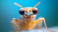 Extreme macro portrait of praying mantis face showing compound eyes, antennae and detailed head structure against blurred turquoise background. Wildlife photography.