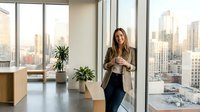 Professional businesswoman holding smartphone in modern office with city skyline view through floor-to-ceiling windows and indoor plants.