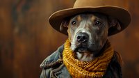 Portrait of gray pitbull type dog wearing brown fedora hat, yellow scarf and denim jacket against dark brown background, looking directly at camera with serious expression.