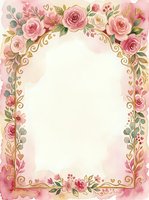 Floral frame with pink roses, cream blooms, and gold ornamental scrolls on soft watercolor background, isolated on white for wedding invitations, greeting cards, and design projects.