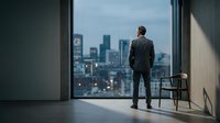 Businessman in dark suit standing at floor-to-ceiling window overlooking modern city skyline at dusk, contemplating urban landscape from high-rise office interior.