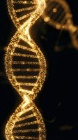 Golden DNA double helix structure made of glowing particles on dark background for genetics research, biotechnology and medical science concepts.