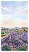 Watercolor lavender field landscape with purple flowers, rolling hills, farmhouse and cypress trees under pastel sky for rustic home decor and wall art.