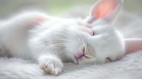 Sleeping white baby bunny with pink ears lying on soft fuzzy blanket in dreamy pastel tones, showing gentle expression and peaceful relaxation.