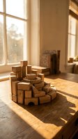 Wooden building blocks stacked on table in sunlit room with warm natural light streaming through windows creating educational play environment.