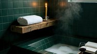Luxurious spa bathroom with deep soaking tub, rolled white towels, candles, and dark green tile walls for wellness and relaxation design projects.