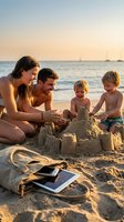 Young Caucasian woman and man with two young boys building sandcastle on beach at sunset, family vacation and leisure activity.