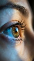 Close-up macro shot of human eye with detailed iris patterns, long eyelashes and eyebrow. Natural lighting highlights golden brown eye color and skin texture.