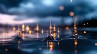 Illuminated skyscrapers reflected in water at dusk with bokeh lights and clouds, suitable for urban, technology, and business backgrounds.