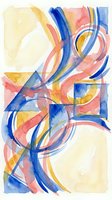 Abstract watercolor composition with flowing curves and geometric shapes in blue, pink, yellow and orange hues for modern art projects and creative designs.