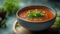 Homemade tomato soup garnished with fresh basil leaves and herbs served in rustic ceramic bowl on wooden board, close up view with selective focus.