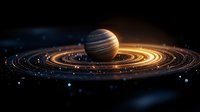Majestic gas giant planet orbiting in glowing golden rings against dark space background, with scattered stardust and cosmic debris creating dramatic celestial scene.