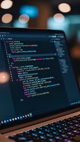 Software developer coding on laptop screen with colorful syntax highlighting in dark programming environment for web development projects.