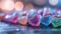 Colorful glittery heart shapes in pink, purple, blue and green with soft bokeh background create romantic mood. Macro photography shows sparkling details.