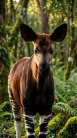 Okapi standing in lush tropical rainforest with dappled sunlight filtering through green canopy creating natural wildlife portrait in dense jungle habitat.