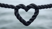 Black rope twisted into heart shape against blurred gray background, symbolizing love, connection, strength and maritime romance. Macro photography.
