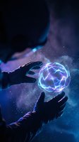 Hands holding glowing energy sphere with electric blue and purple light effects, magical power concept for technology, innovation, and futuristic design projects.