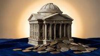 Classical bank building with columns standing on pile of golden coins against warm sunset background representing financial stability and wealth management.