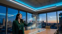 Professional businesswoman analyzing financial data on holographic display in modern office with city skyline view at sunset for corporate presentations.