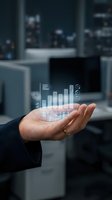 Businesswoman holding holographic financial data visualization with bar charts and analytics icons in modern office environment for business growth concepts.