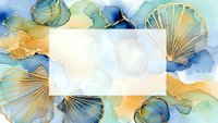Watercolor seashells frame with golden shells and blue ocean waves creating elegant marine border for summer coastal design projects and beach themed artwork.