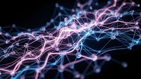 Abstract digital network with glowing pink and blue connections on dark background. Futuristic data visualization concept for technology presentations.