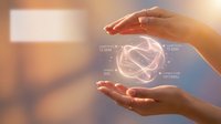 Female hands holding glowing digital atom symbol with data metrics, representing science, technology, innovation, and molecular research for educational and corporate applications.