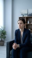 Professional businesswoman in navy suit sitting thoughtfully in modern office interior with natural lighting and contemporary furniture.