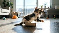 Playful tabby and white kitten lying on wooden floor with cardboard tube toy in modern apartment with large windows and city view.