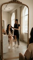 Professional hairstylist working on client's hair in elegant salon with ornate gold mirror and natural lighting for beauty services.