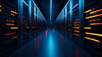 Futuristic server room corridor with glowing blue neon lights and orange data indicators reflecting on glossy floor, modern data center interior for technology concepts.