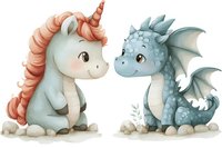 Cute baby unicorn and dragon sitting together, watercolor style illustration on white background. Fantasy characters for children's book design and nursery art.