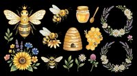 Honey bee and wildflower clipart set with isolated bees, beehive, honey jar, sunflower, lavender, and floral wreaths on transparent background. Ready for t-shirt design, stickers, sublimation, and print-on-demand products.