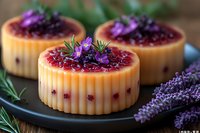 Elegant mini cheesecakes topped with berry compote and fresh lavender flowers on dark plate. Gourmet dessert presentation for bakery menu design.