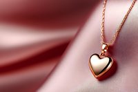 Rose gold heart pendant necklace on delicate chain against soft pink satin background with gentle folds creating romantic luxury jewelry composition.