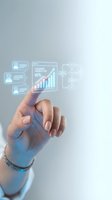 Female hand touching holographic interface displaying customer satisfaction metrics, analytics charts, and business data visualization for digital transformation and technology solutions.
