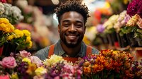 Happy African American male florist smiling while arranging colorful fresh flowers in shop, small business owner working with chrysanthemums and roses.