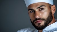 Professional chef in white uniform and hat looking confidently at camera against dark background, dramatic lighting highlights facial features and beard.