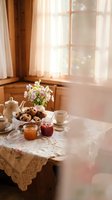 Cozy breakfast table setting with fresh pastries, jam jars, teapot and wildflowers by sunny window. Warm morning light creates inviting homestyle atmosphere.