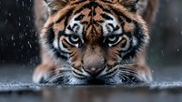 Intense close-up of majestic tiger face with piercing blue eyes drinking water in rain, showing detailed fur texture and whiskers against dark background.