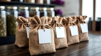 Small burlap gift bags with blank white tags lined up on wooden surface, rustic eco-friendly packaging for wedding favors or artisanal products.
